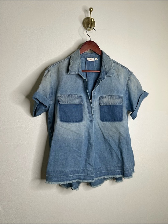 Ag Adriano Goldschmied Tops - AG 100% Cotton Two Tone Denim Distressed Oversized Boxy Fit Popover Top